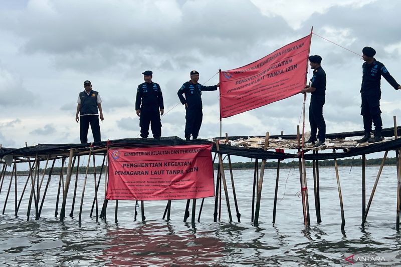 Petugas Kementerian Kelautan dan Perikanan (KKP) menyegel pagar laut yang terbuat dari bambu di perairan Kabupaten Tangerang, Banten. (Foto: Antara)