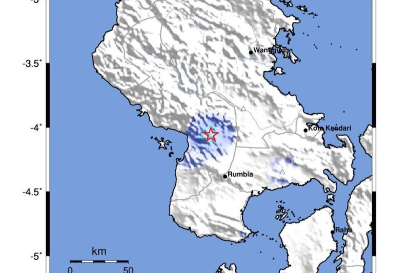 Titik gempa di wilayah Kabupaten Koltim sesuai pemetaan BMKG. (ANTARA/HO-BMKG Kendari)