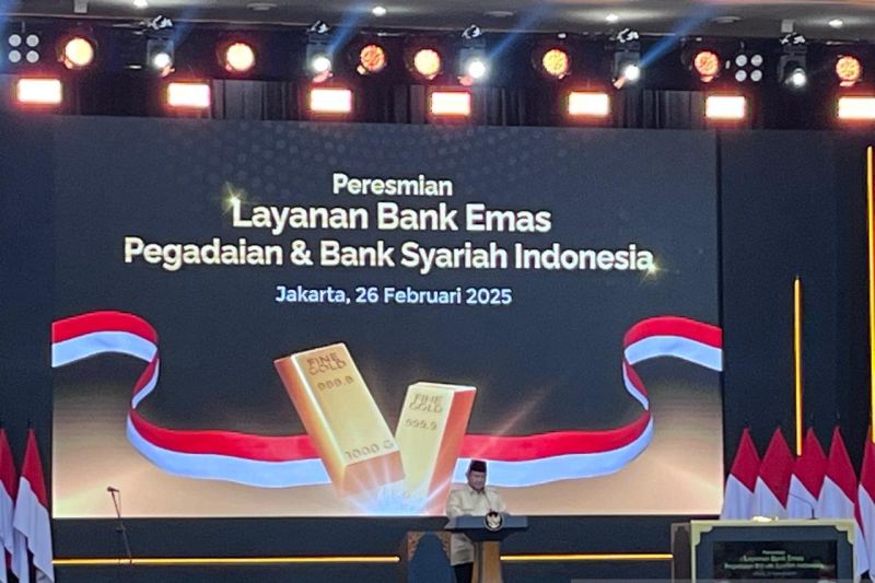 Presiden Prabowo Subianto saat berpidato dalam peresmian layanan Bank Emas Pegadaian dan Bank Syariah Indonesia di Jakarta, Rabu (26/2/2025). (ANTARA/HO-Fathur Rochman)