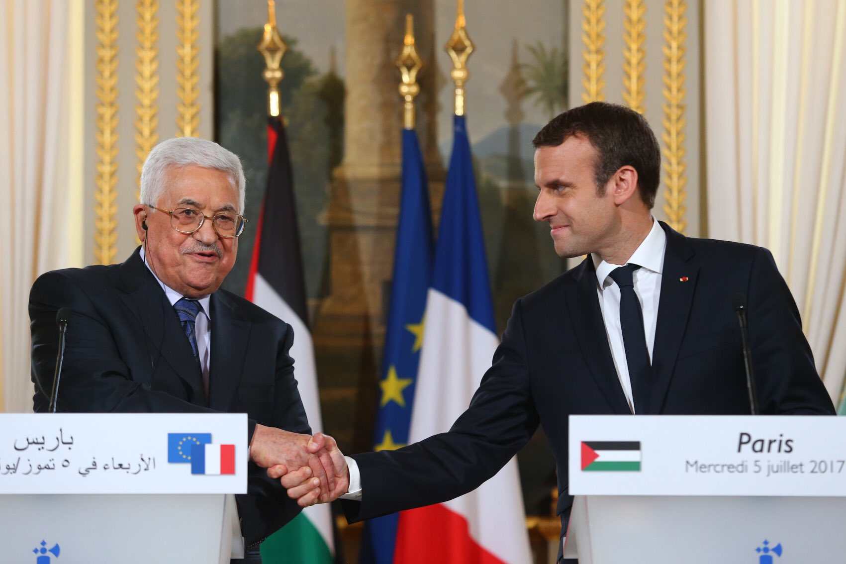 Presiden Prancis Emmanuele Macron bersama Presiden Palestina Mahmoud Abbas di Paris, Prancis, 6 Juli 2017. Foto: X.com/EmmanuelMacron
