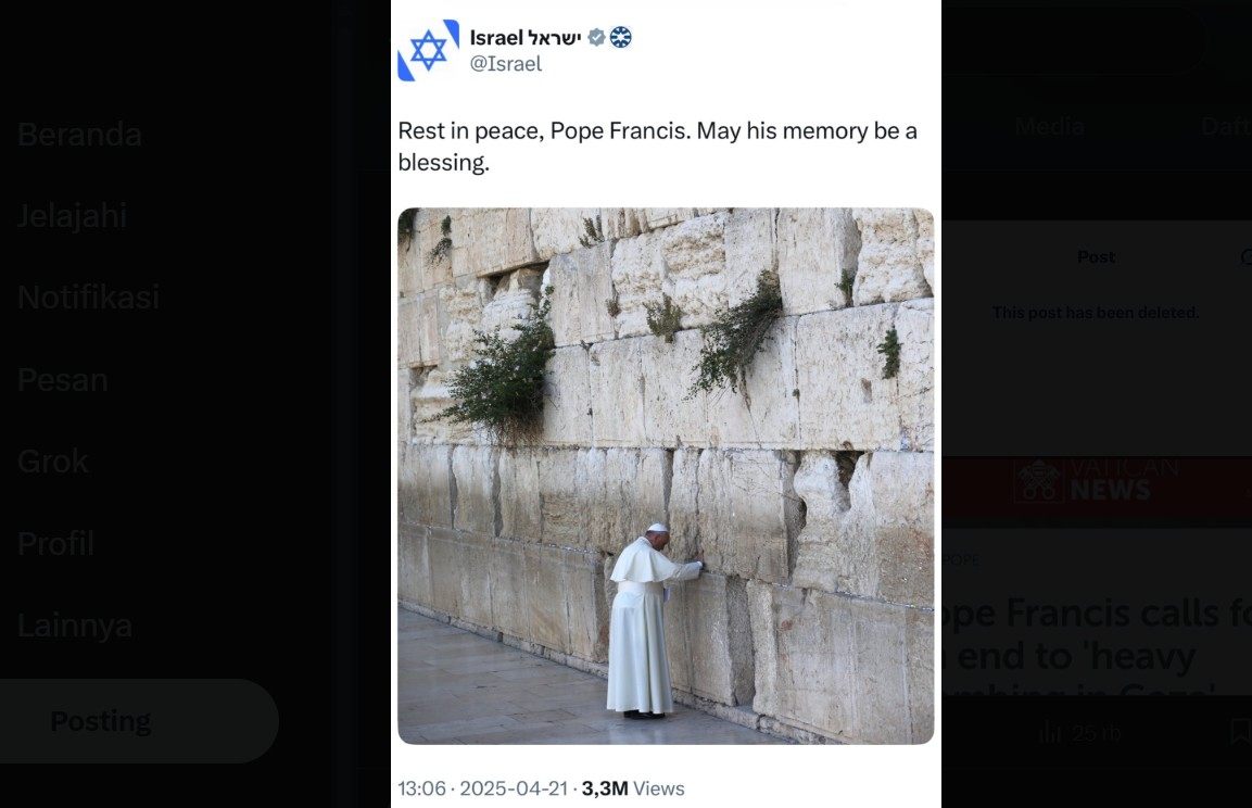 Unggahan duka dari akun resmi pemerintah Israel yang kemudian dihapus. Foto: X.com